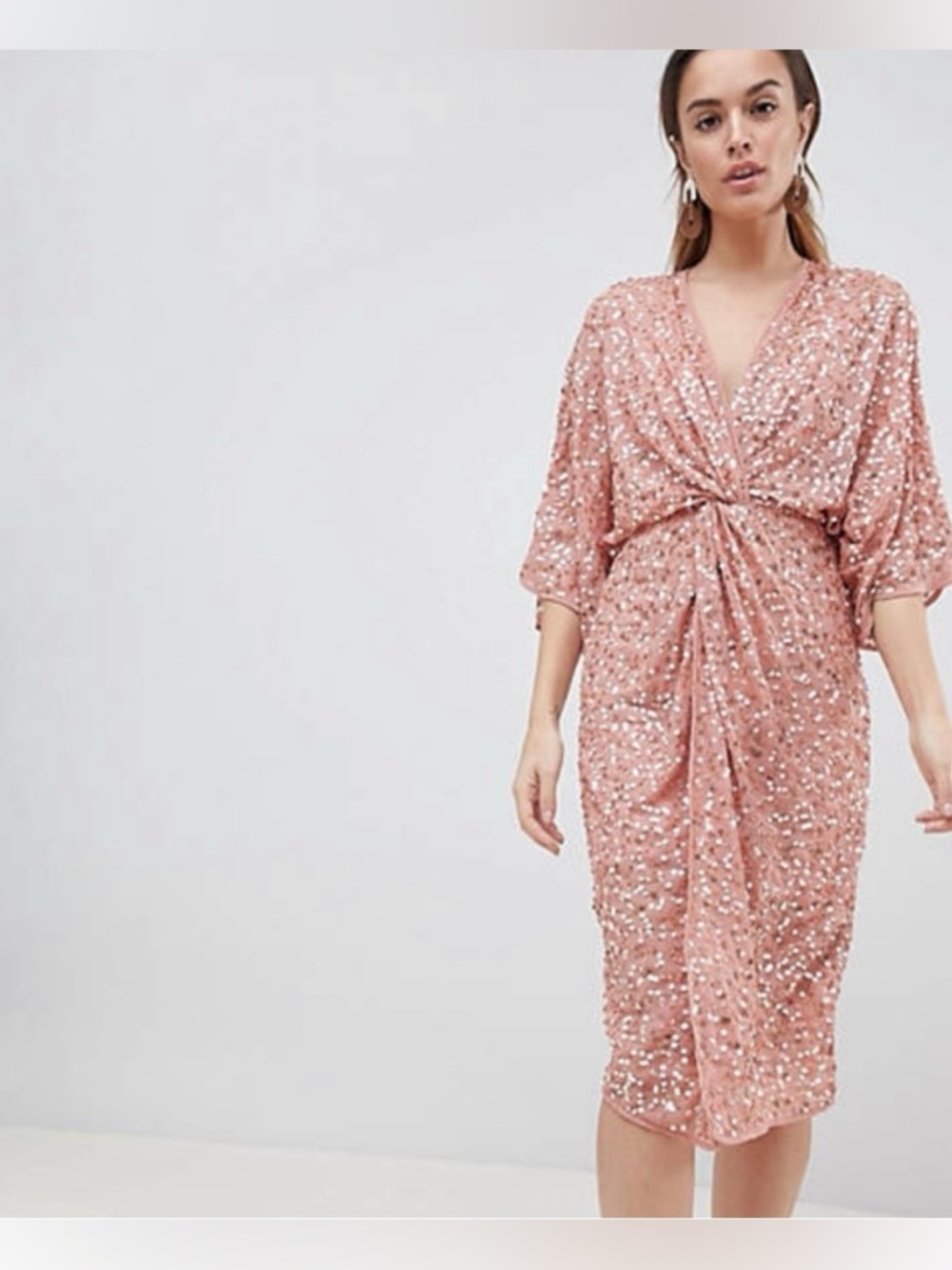 ASOS DESIGN scatter sequin knot front kimono midi dress in dusty pink US 8